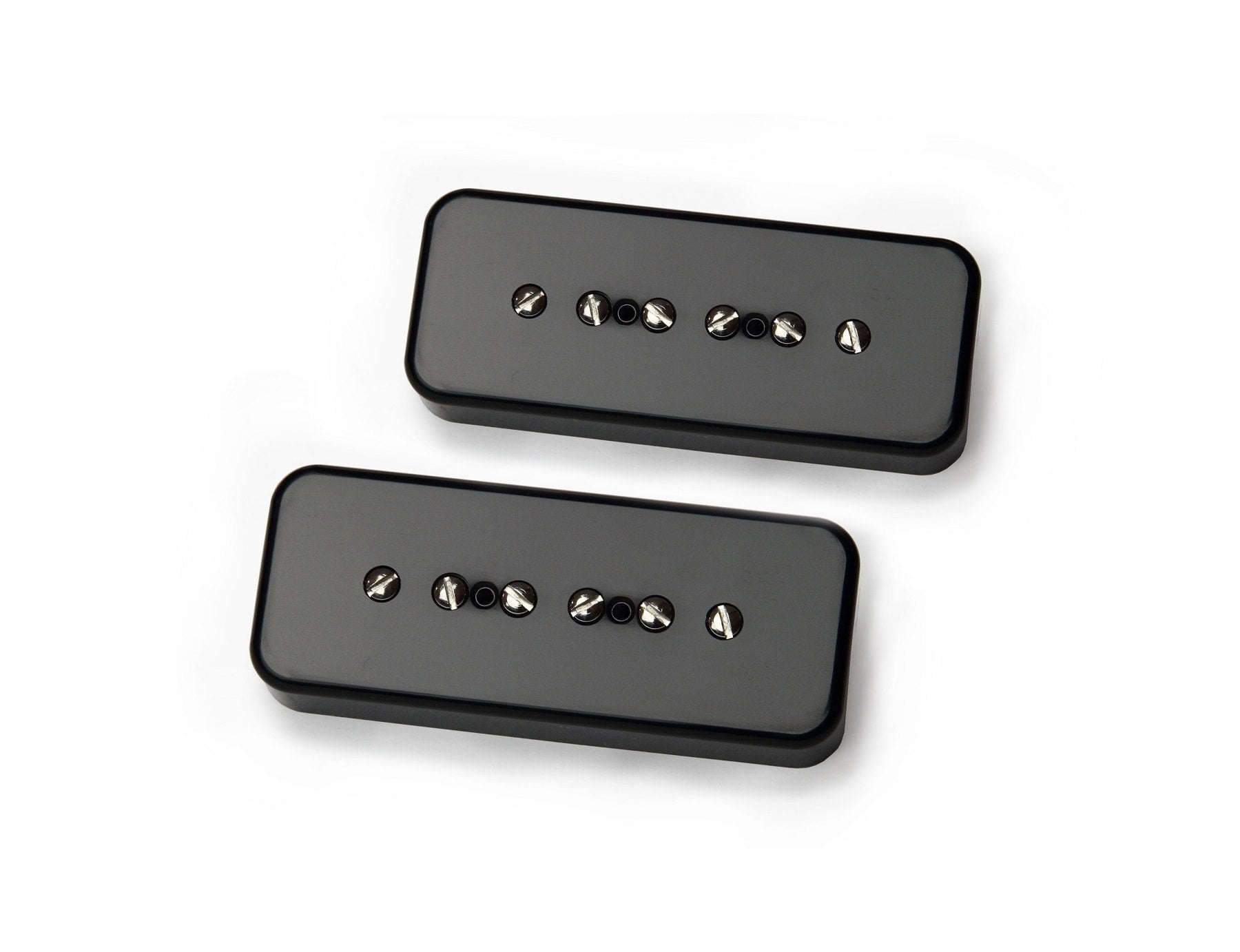 Two black rectangular guitar pickups with six exposed pole screws each on a white background.