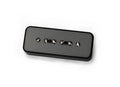 Black rectangular guitar pickup with six exposed pole pieces in a row on a white background.