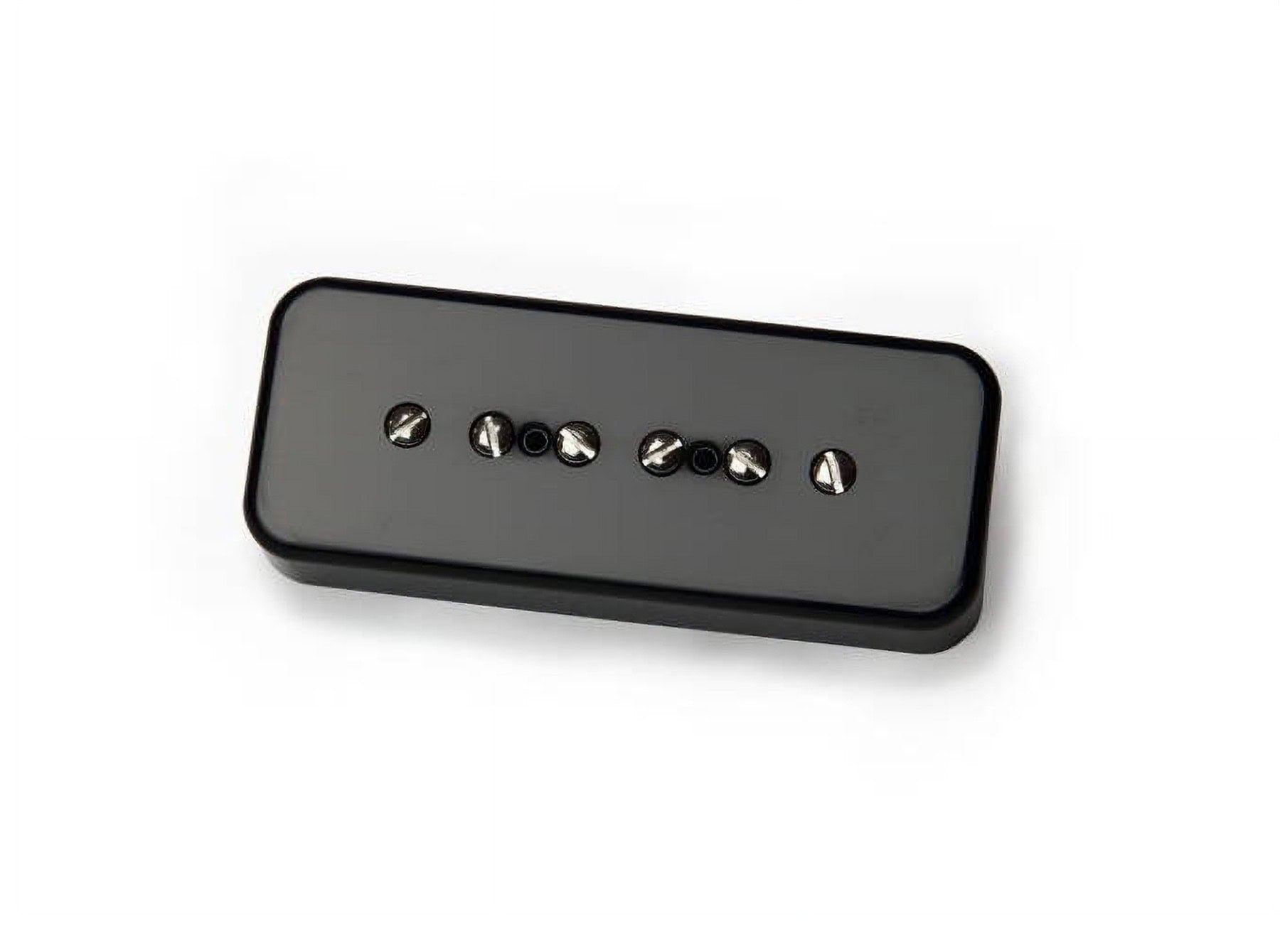 Black rectangular guitar pickup with six exposed pole pieces in a row on a white background.