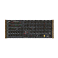 Black synthesizer front panel with multiple knobs, buttons, switches, and one 1/4 inch audio jack.