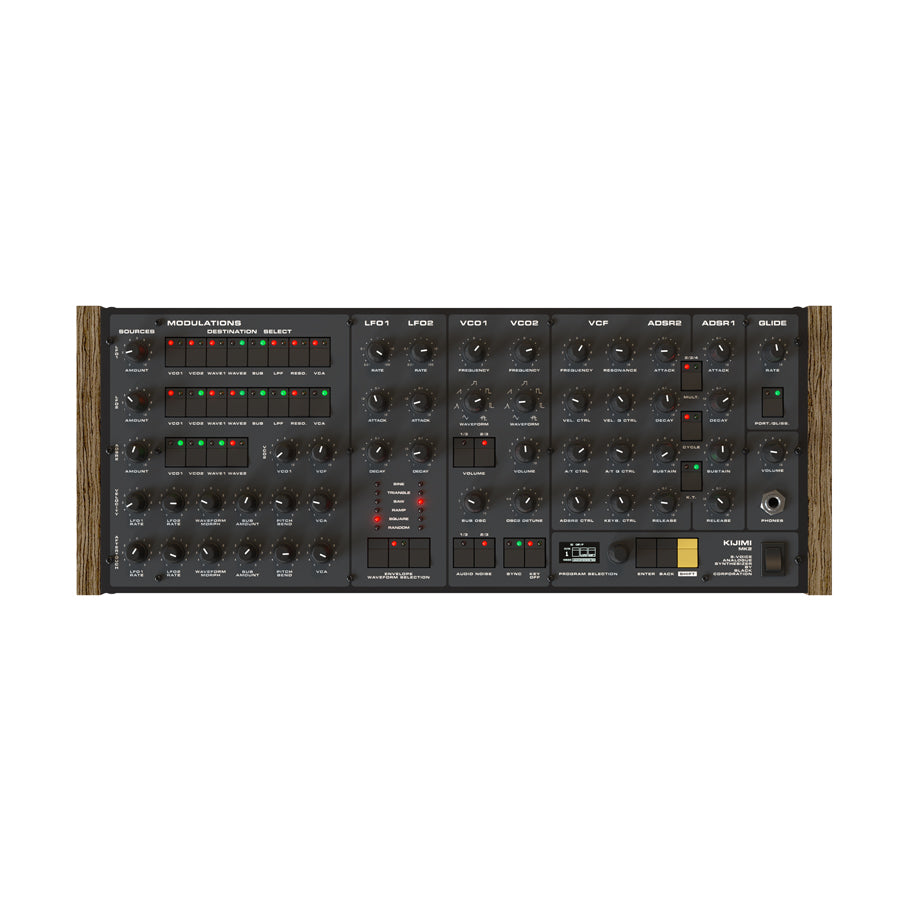 Black synthesizer front panel with multiple knobs, buttons, switches, and one 1/4 inch audio jack.