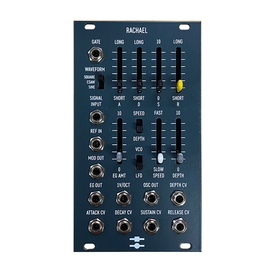 Black eurorack module labeled Rachael with sliders, toggle switches, and multiple jacks for audio and control voltage signals.