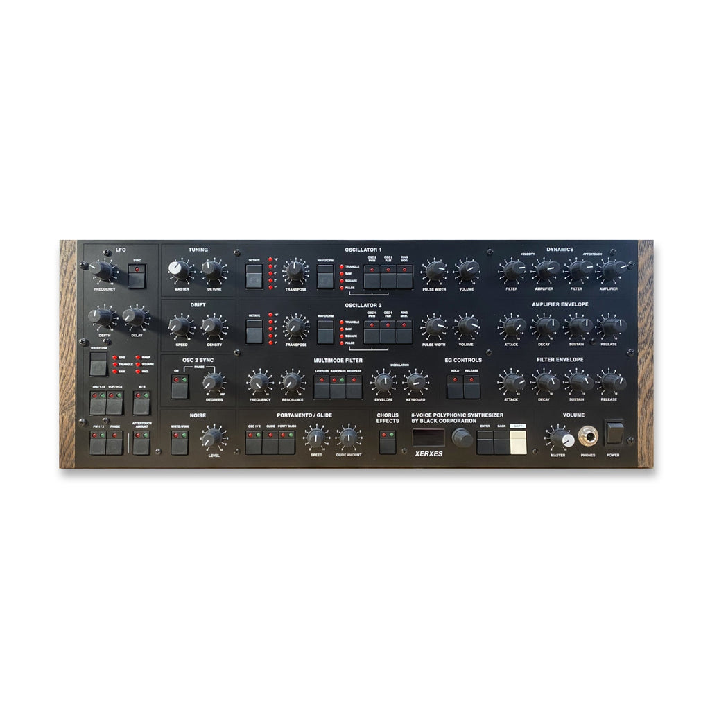 Black synthesizer panel with multiple knobs, buttons, switches, and a headphone jack on the right side.
