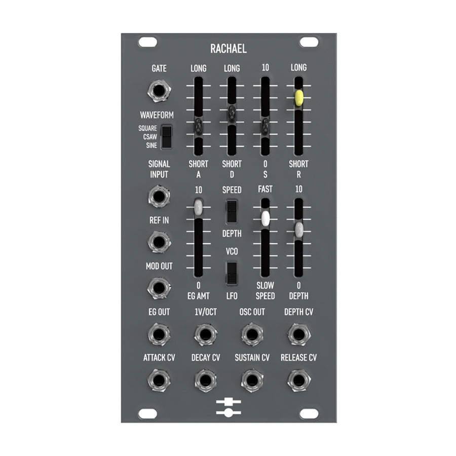 Gray eurorack module labeled RACHAEL with sliders, toggle switches, and multiple audio jack connectors.