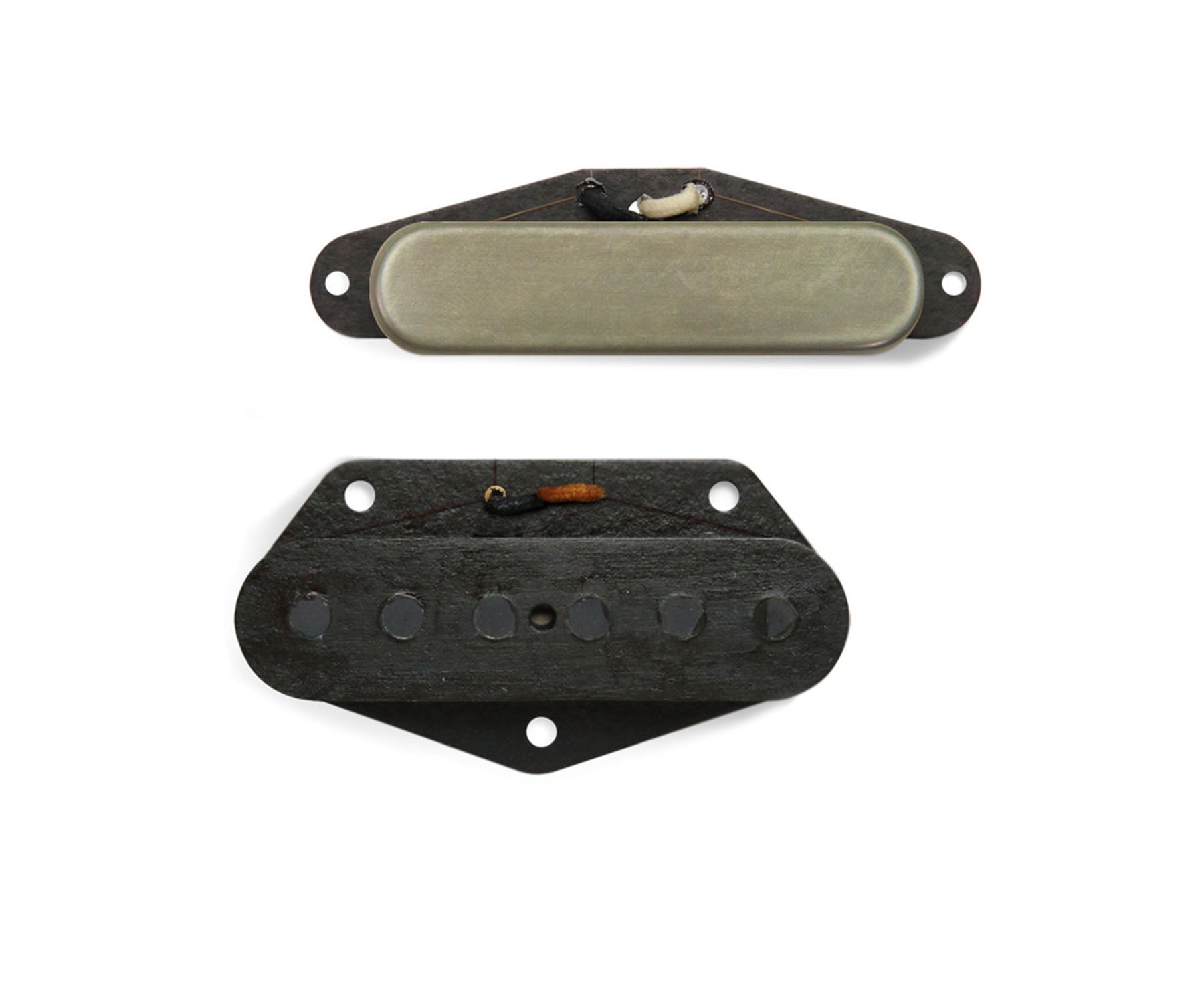 Front and back views of a guitar pickup with a greenish-gray cover and black base with wire leads.