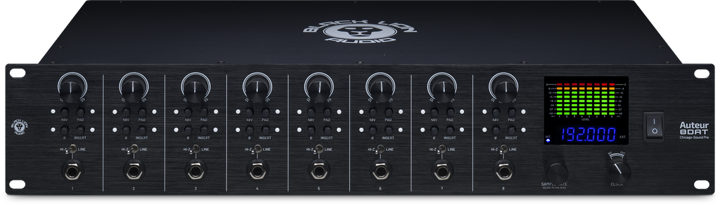 Front panel of a BLACK LION AUDIO Auteur 8DAT audio interface with eight input channels and digital display.