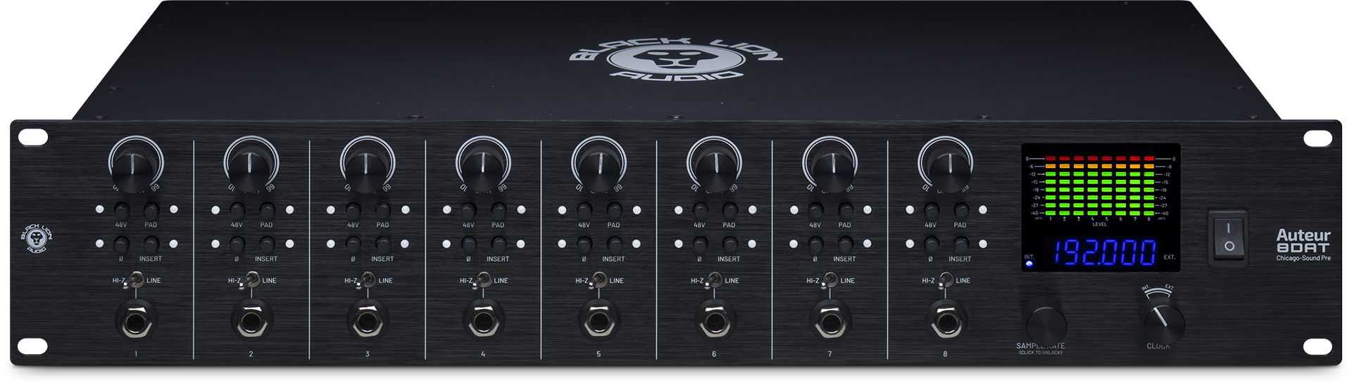 Front panel of a BLACK LION AUDIO Auteur 8DAT audio interface with eight input channels and digital display.