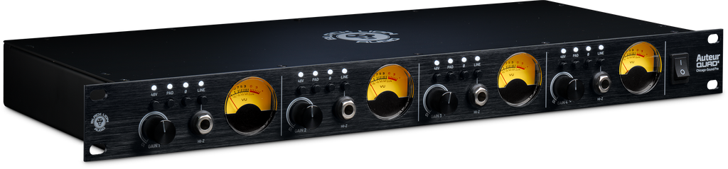 Black Lion Audio rackmount audio preamp unit with four channels, gain knobs, VU meters and multiple input controls.