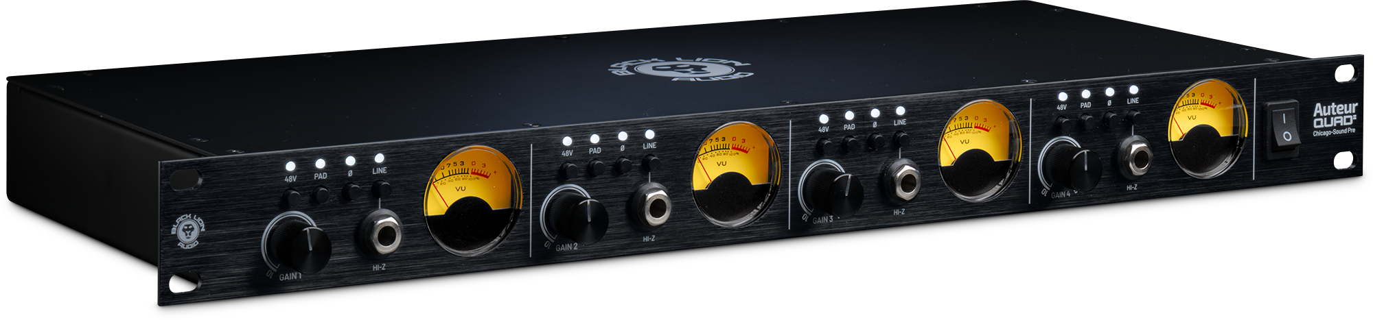 Black Lion Audio rackmount audio preamp unit with four channels, gain knobs, VU meters and multiple input controls.
