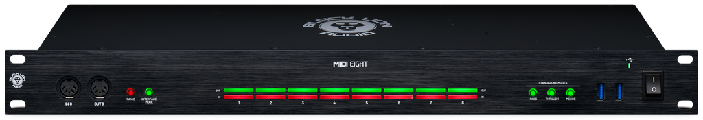 Rackmount audio interface device with MIDI in/out ports, USB ports, status LEDs, and multiple control buttons on front panel.