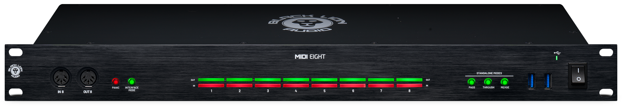 Rackmount audio interface device with MIDI in/out ports, USB ports, status LEDs, and multiple control buttons on front panel.