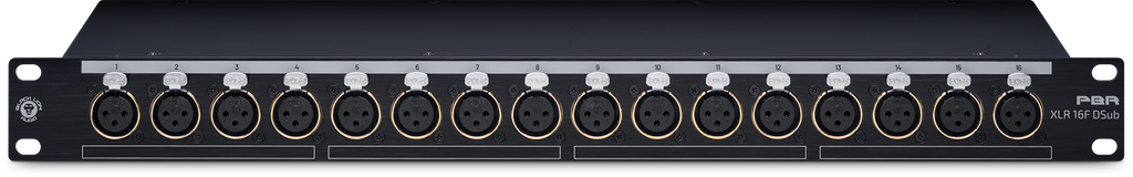 Front panel of a black patchbay with 16 numbered XLR female connectors and push buttons for each connection.