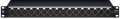 Front panel of a black patchbay with 16 numbered XLR female connectors and push buttons for each connection.