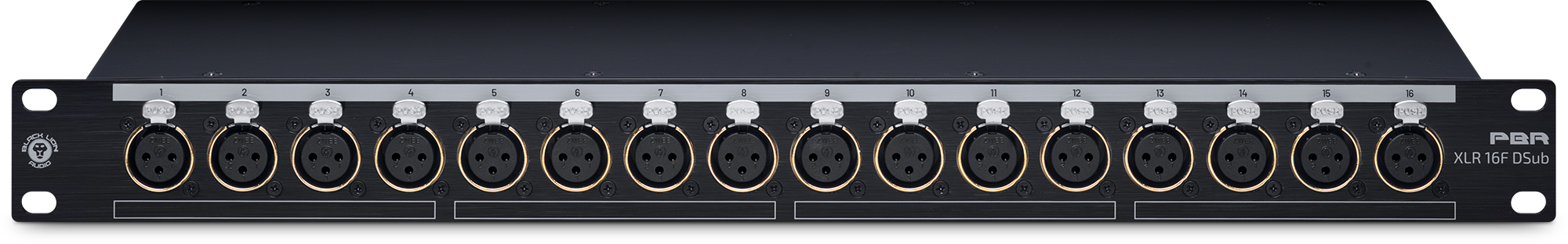 Front panel of a black patchbay with 16 numbered XLR female connectors and push buttons for each connection.