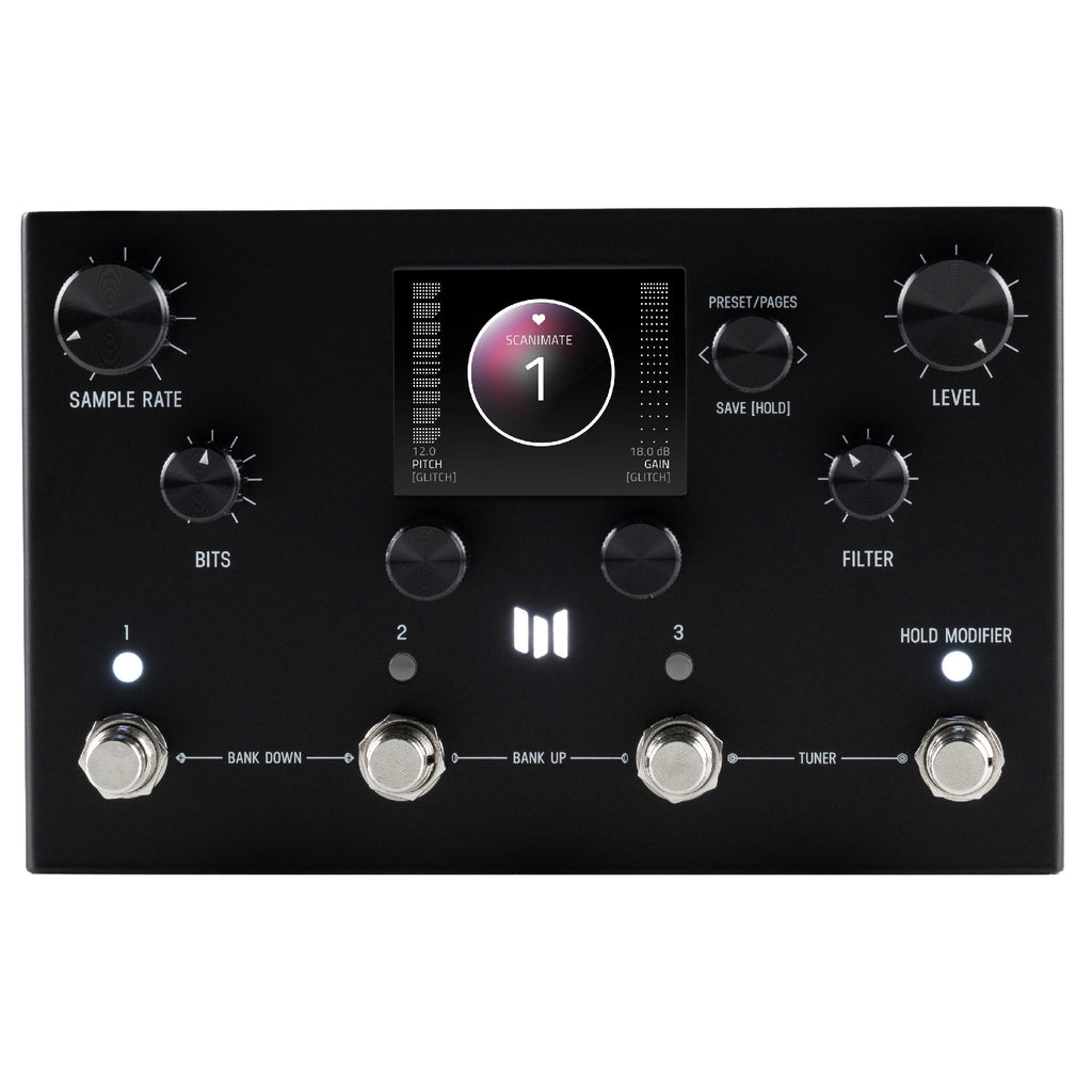 Black guitar effects pedal with rotary knobs, footswitches, and a digital display showing 'SCANIMATE 1' on screen.