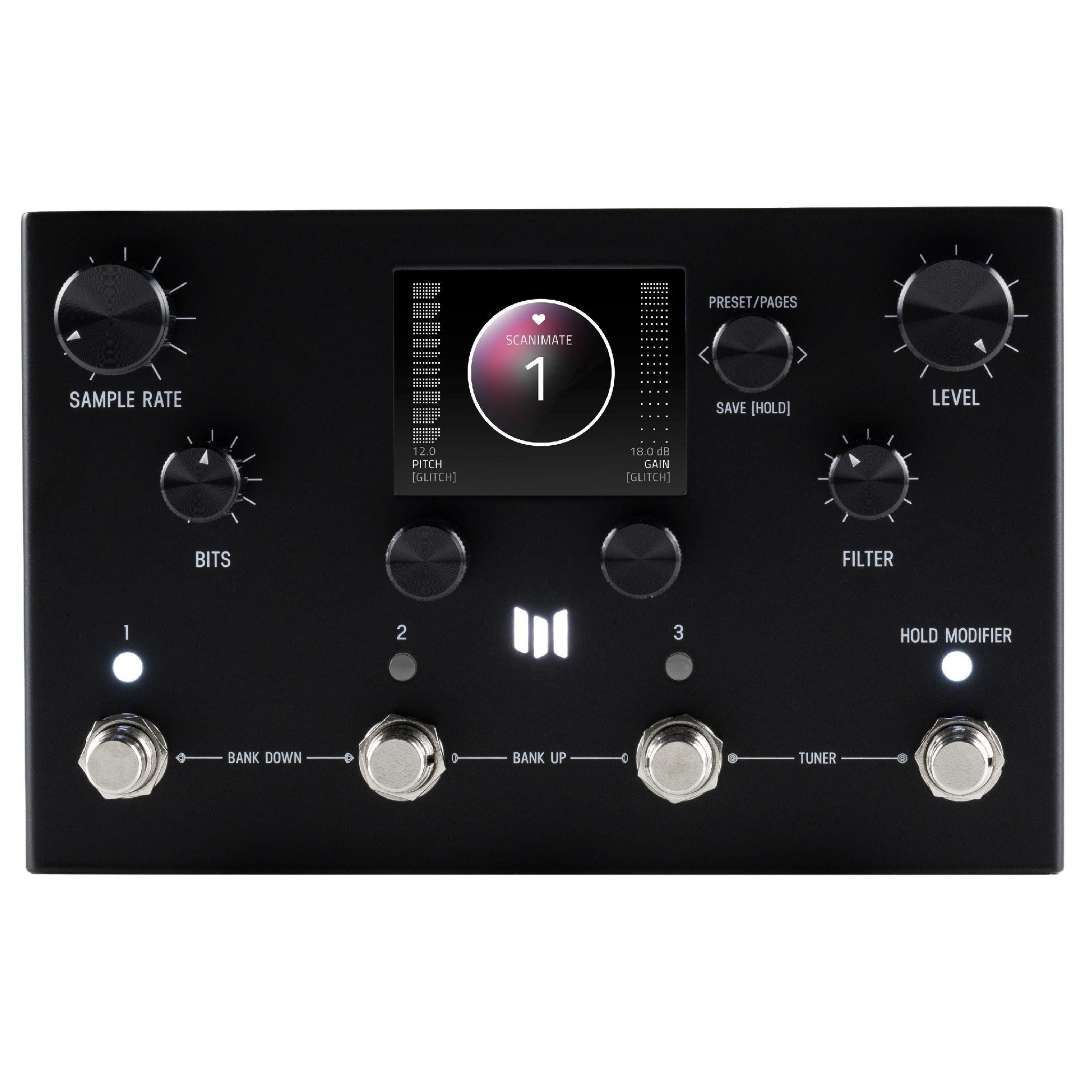 Black guitar effects pedal with rotary knobs, footswitches, and a digital display showing 'SCANIMATE 1' on screen.