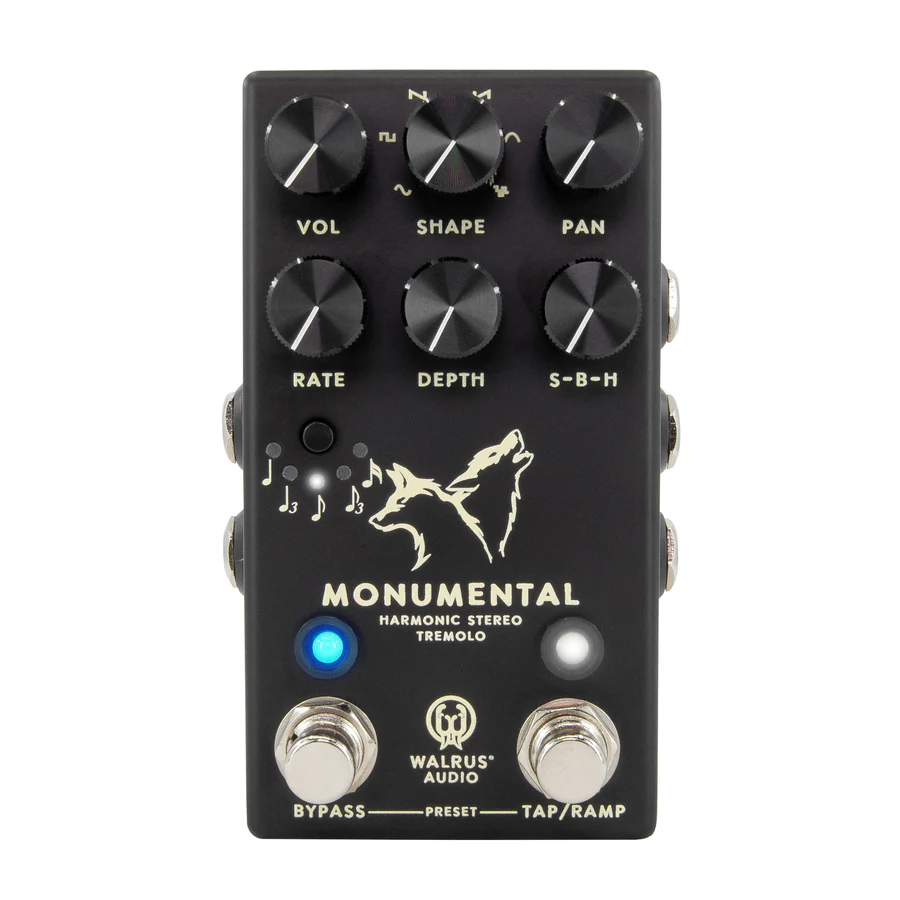 Black guitar effects pedal with six rotary knobs, two footswitches, and LED indicators.