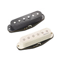 Two single width guitar pickups, one black and one white, each with six metal pole pieces and FISHMAN branding.