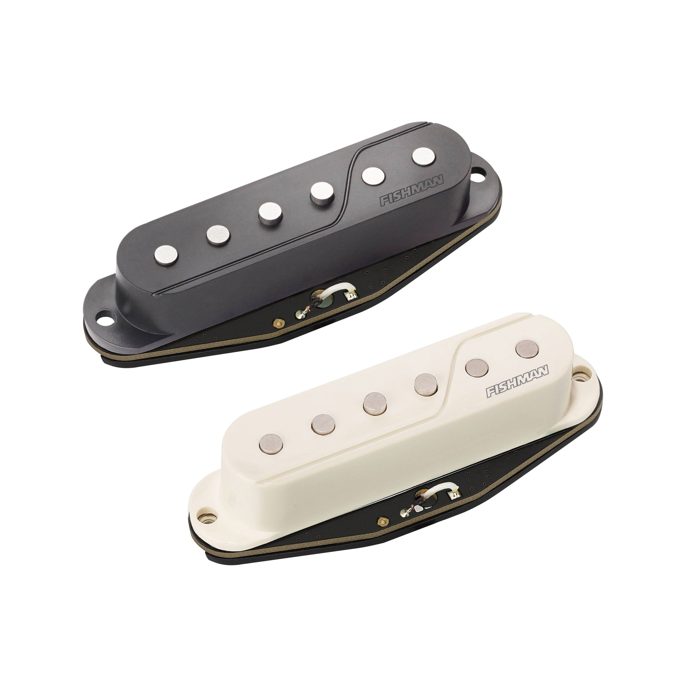 Two single width guitar pickups, one black and one white, each with six metal pole pieces and FISHMAN branding.