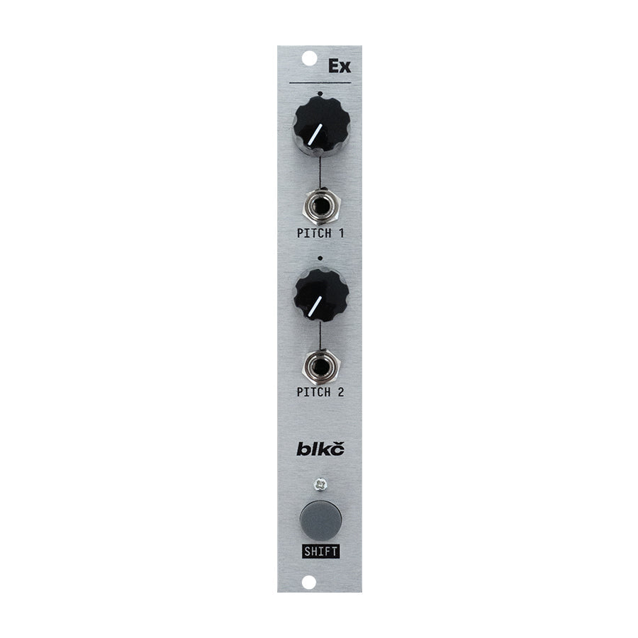 Silver eurorack module panel with two knobs labeled PITCH 1 and PITCH 2, two 3.5mm jacks, and a gray push button labeled SHIFT.