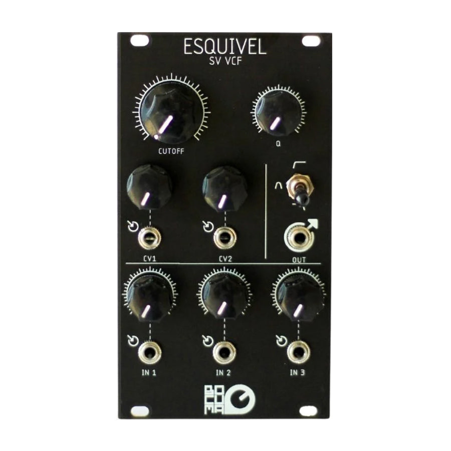Black Eurorack synthesizer module with knobs, toggle switch, and audio jacks labeled Esquivel SV VCF
