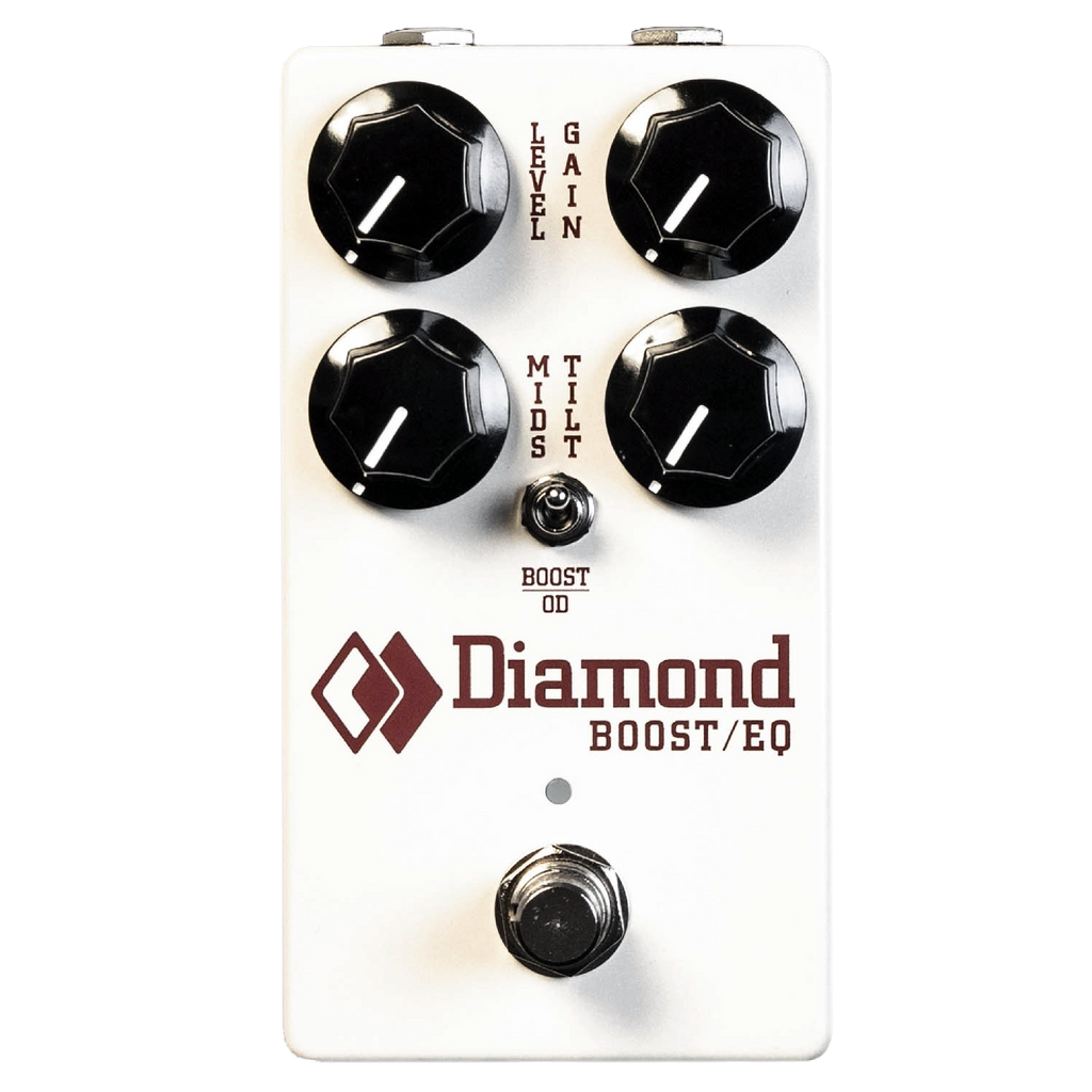 White Diamond Boost/EQ guitar pedal with four black knobs, a toggle switch, and a footswitch.