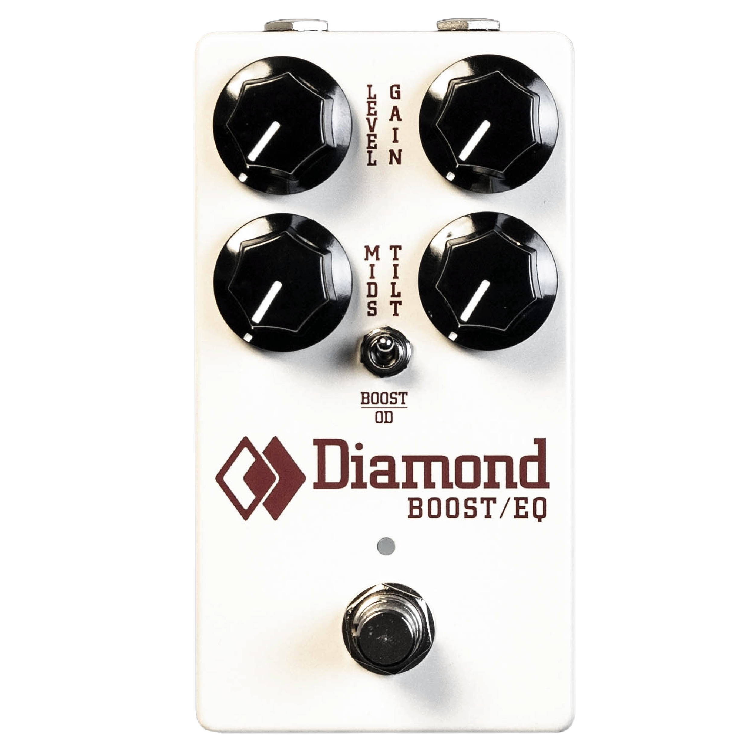 White Diamond Boost/EQ guitar pedal with four black knobs, a toggle switch, and a footswitch.