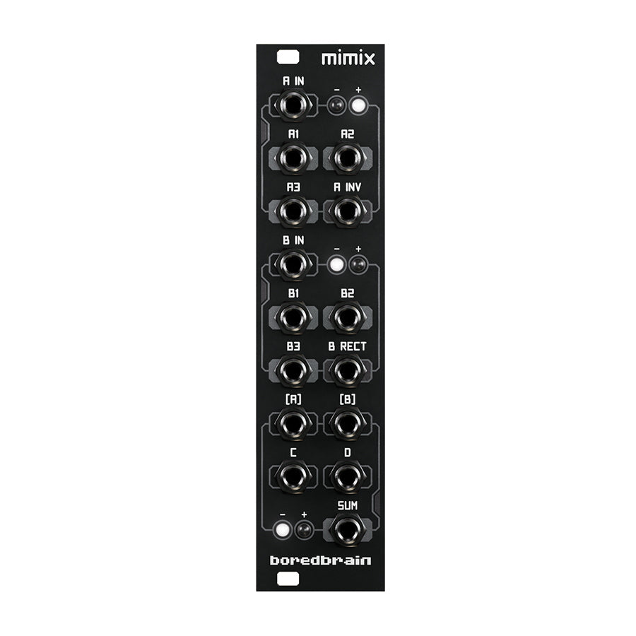 Black Eurorack module panel with multiple 3.5mm jacks labeled for inputs and outputs, including mimix and boredbrain branding.