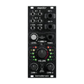 Black audio module panel with multiple jacks, knobs, switches, and LED indicators labeled monitr by boredbrain.