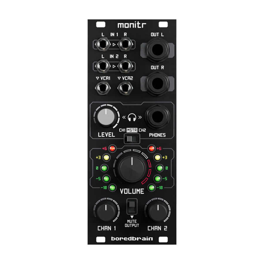 Black audio module panel with multiple jacks, knobs, switches, and LED indicators labeled monitr by boredbrain.