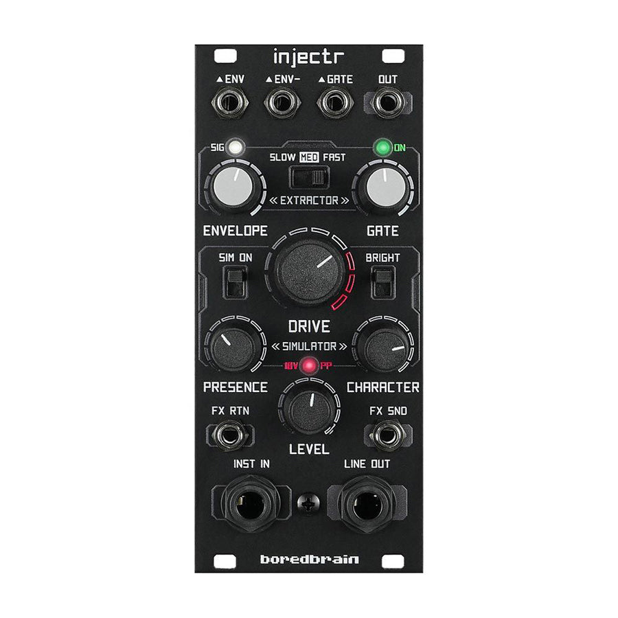 Black eurorack module with multiple jacks, knobs, switches, and indicator lights labeled by function.