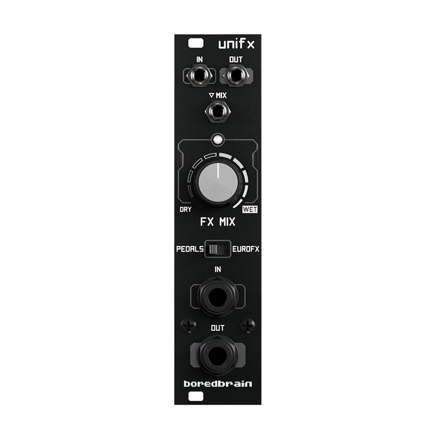 Black eurorack module with multiple 3.5mm jacks, a large rotary knob labeled FX MIX, and a toggle switch.
