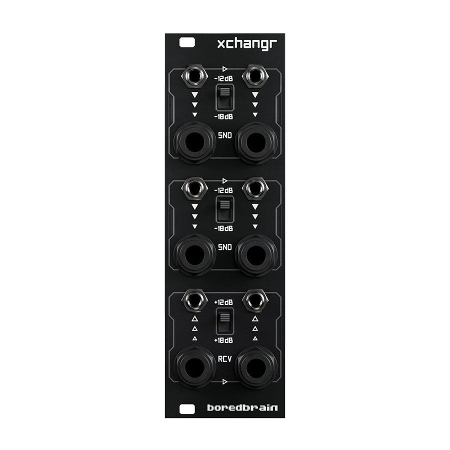 Black Eurorack module with multiple switches and jacks labeled 'SND' and 'RCV' by boredbrain.