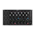 Black modular audio mixing module with six vertical faders, multiple knobs, and numerous 3.5 mm audio jacks.