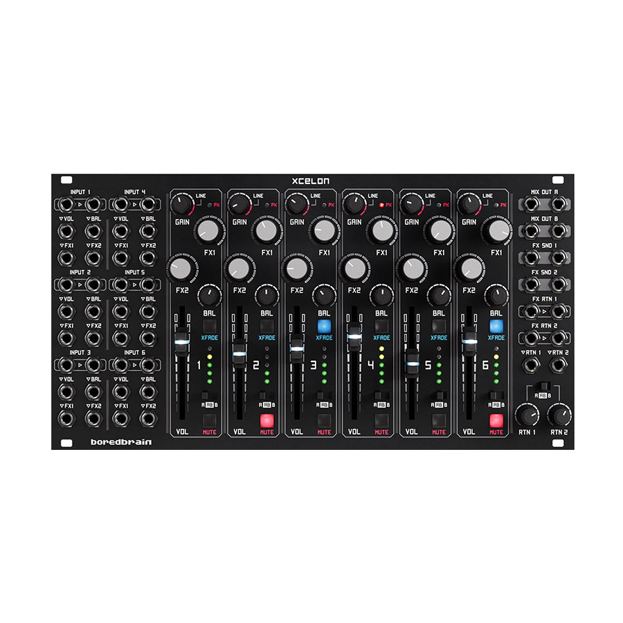 Black modular audio mixing module with six vertical faders, multiple knobs, and numerous 3.5 mm audio jacks.