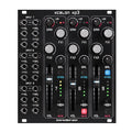 Black Eurorack module with three vertical channels featuring knobs, sliders, buttons, and multiple 3.5mm input jacks.