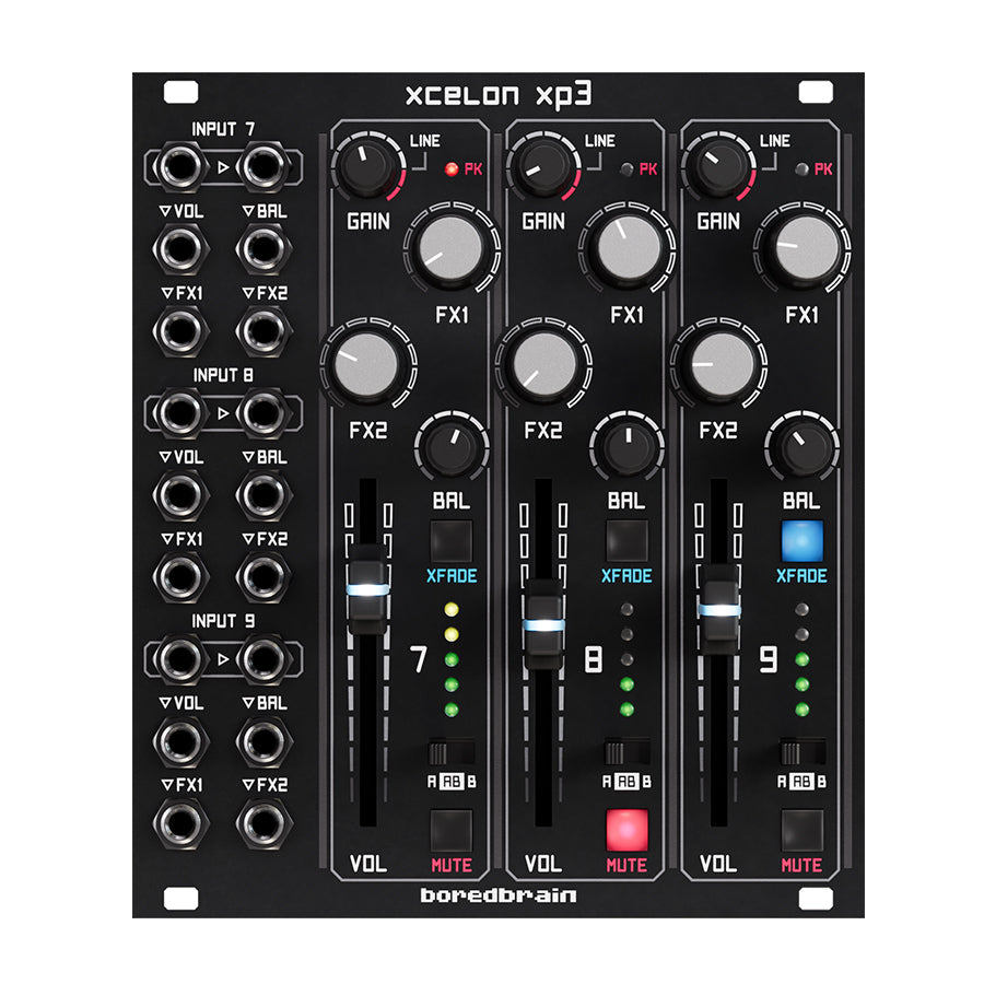 Black Eurorack module with three vertical channels featuring knobs, sliders, buttons, and multiple 3.5mm input jacks.