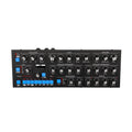 Black synthesizer control panel with multiple blue buttons, rotary knobs, and audio connectors.