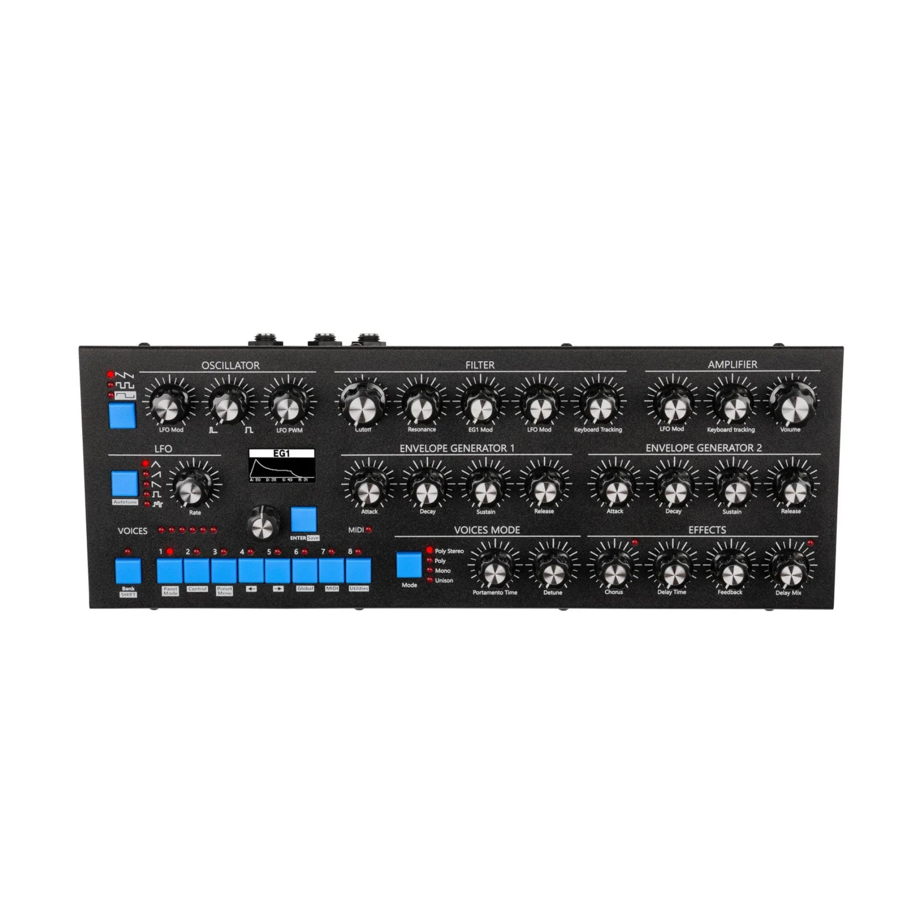 Black synthesizer control panel with multiple blue buttons, rotary knobs, and audio connectors.