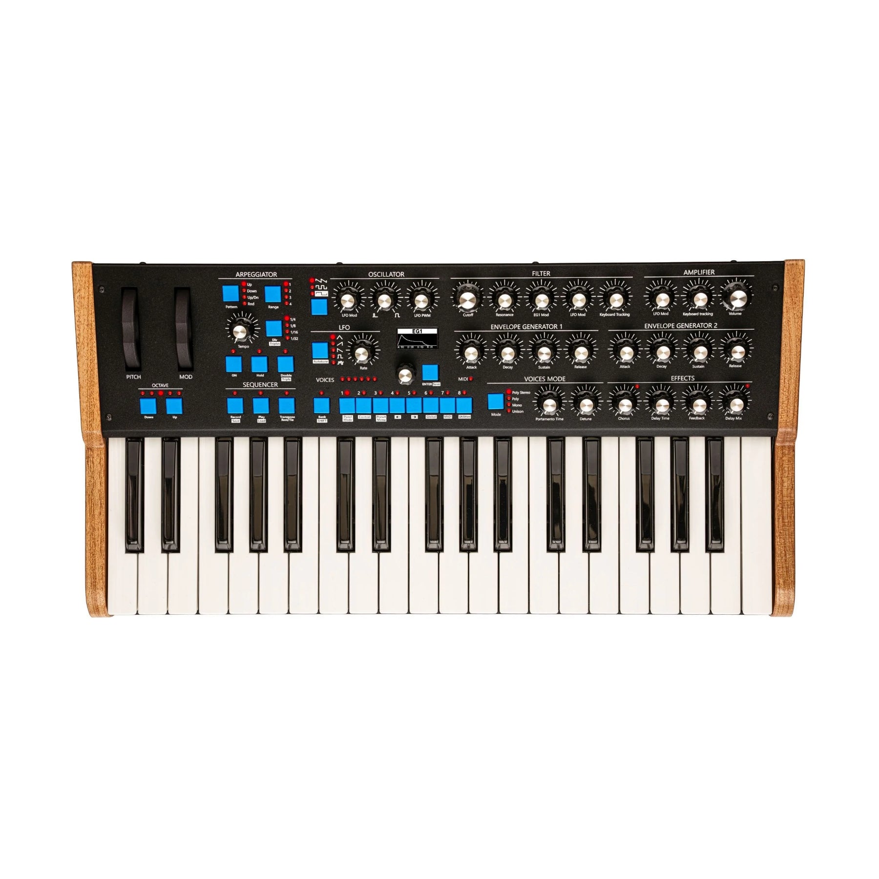 Top view of a black synthesizer keyboard with wooden side panels and multiple knobs, buttons, and pitch/mod wheels.