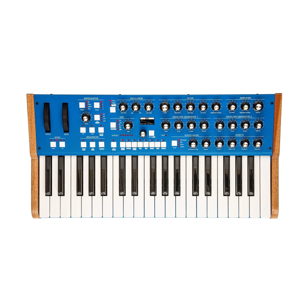 Blue synthesizer keyboard with wooden side panels, pitch and modulation wheels, multiple knobs, buttons, and a 32-key layout.