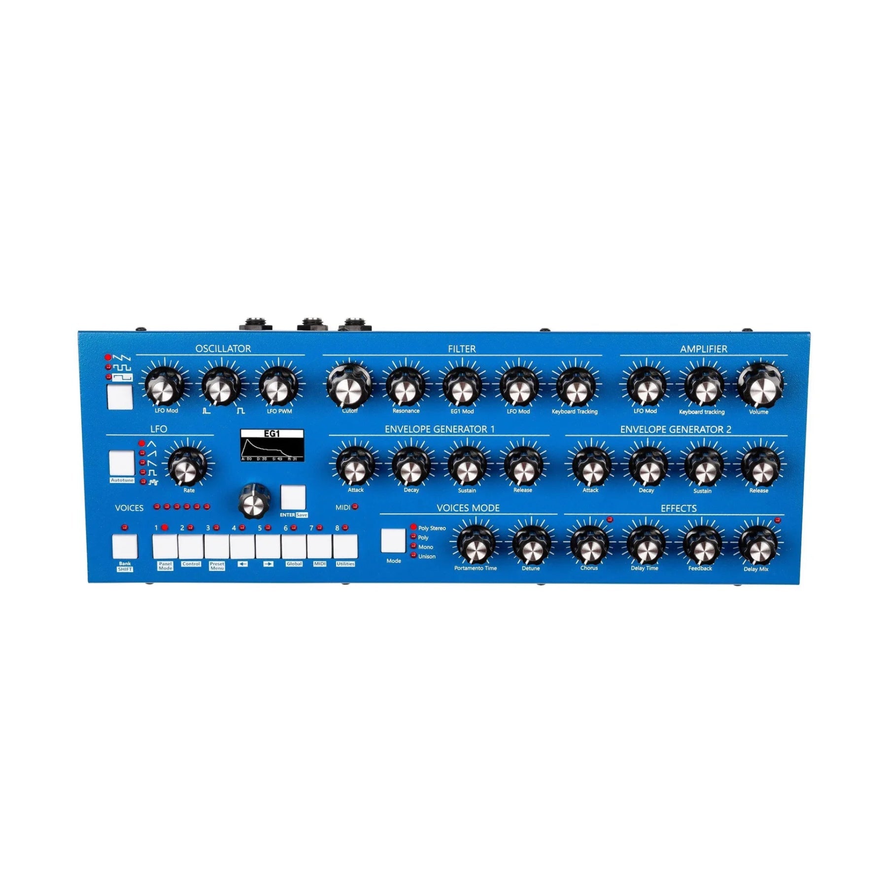 Blue synthesizer module with multiple knobs, push buttons, and labeled sections for oscillator, filter, amplifier, LFO, envelopes, voices mode, and effects.