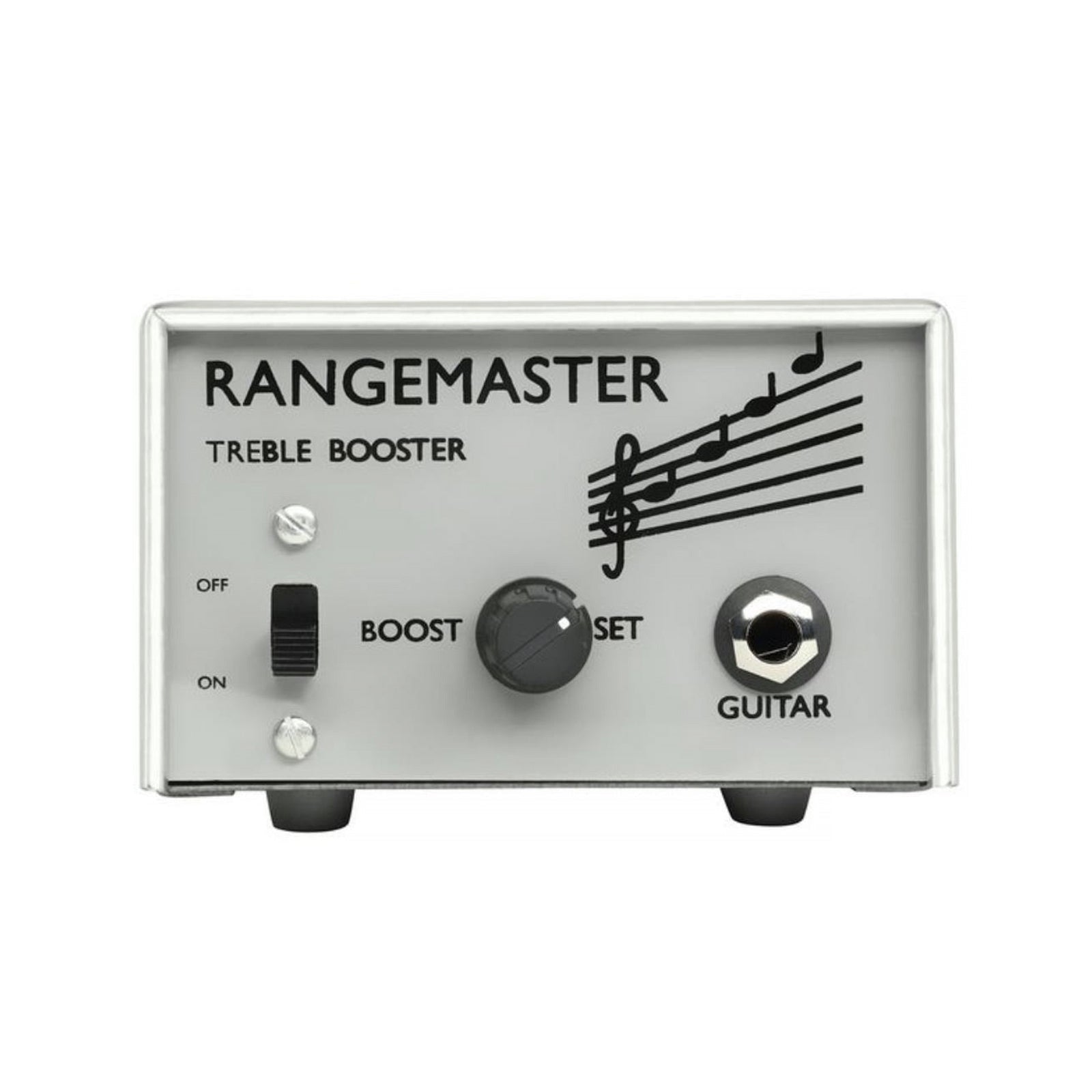 Gray Rangemaster Treble Booster pedal with a toggle switch, boost control knob, and guitar input jack.