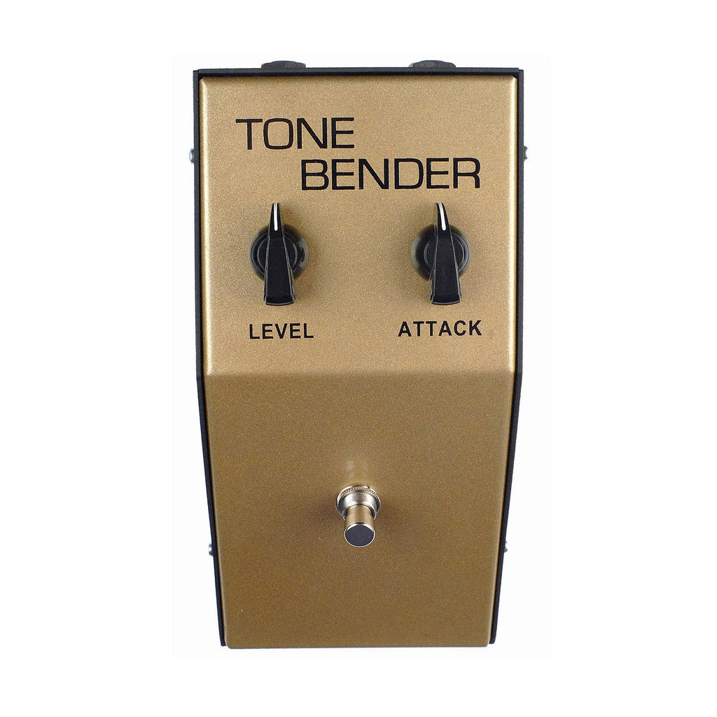 Gold guitar effects pedal with two knobs labeled Level and Attack and a single footswitch.