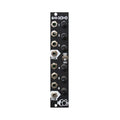 Vertical black mixer module panel with six input jacks, six control knobs, two mix output jacks, and a toggle switch.