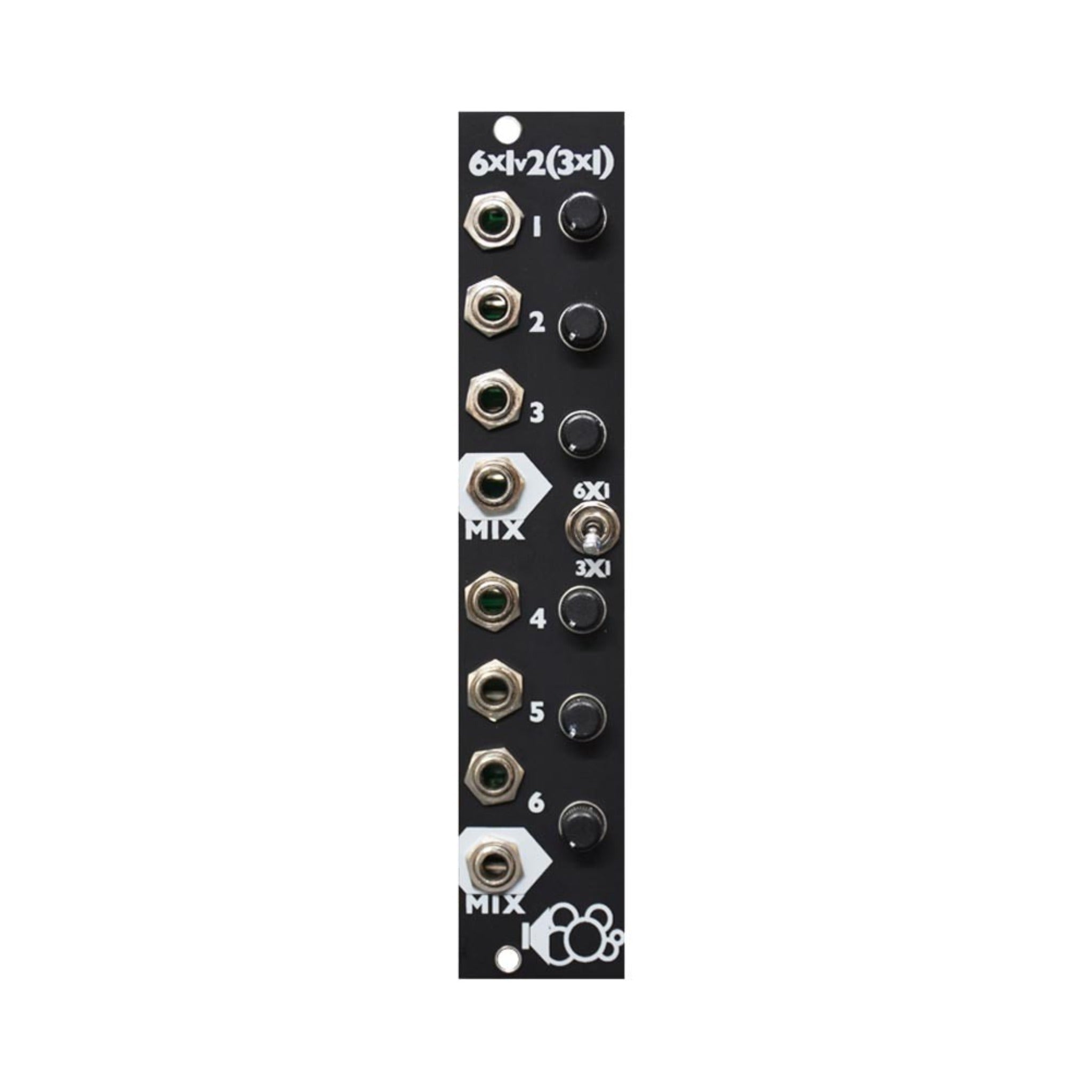 Vertical black mixer module panel with six input jacks, six control knobs, two mix output jacks, and a toggle switch.