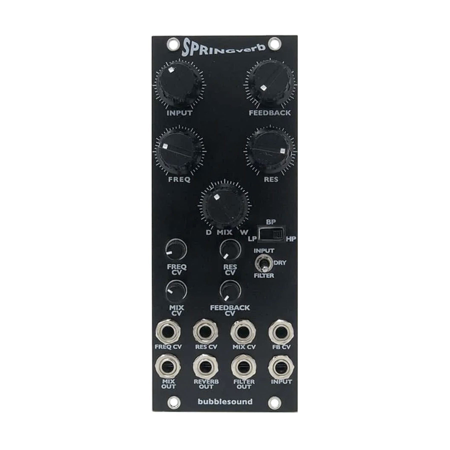 Black eurorack module with knobs, toggle switch, and multiple 3.5mm jacks labeled for audio and CV functions.