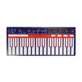 Blue and red electronic music module with multiple sliders, rotary knobs, and jacks labeled as touch activated voltage source.