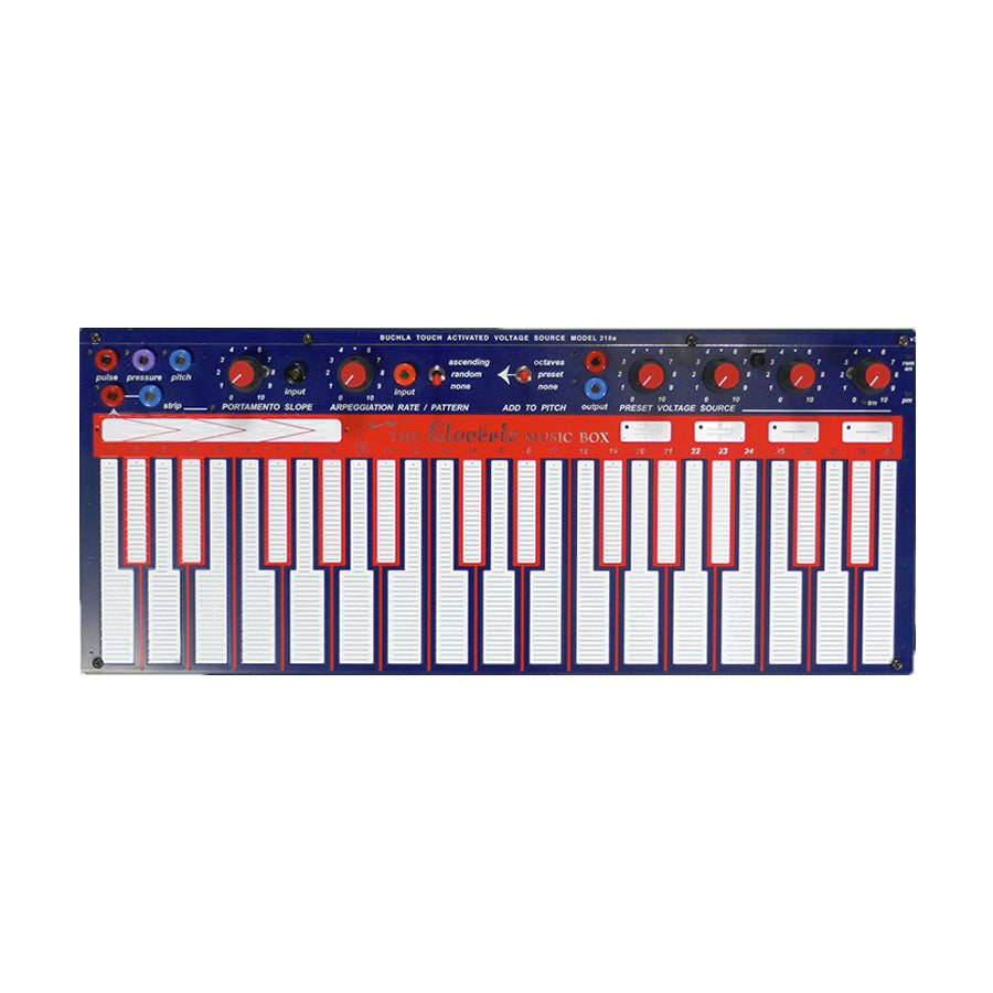 Blue and red electronic music module with multiple sliders, rotary knobs, and jacks labeled as touch activated voltage source.