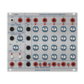 Eurorack module with multiple rotary knobs, push buttons, toggle switches, and 3.5mm audio jacks on grey panel.